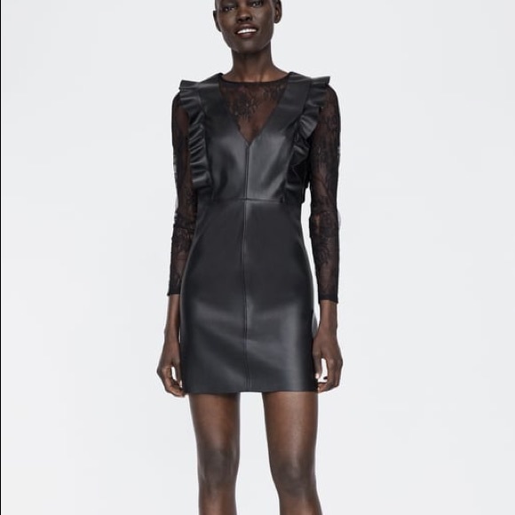 Zara Combine Tube Ruffle Faux Leather Mini Dress with Lace Sleeves - Picture 2 of 10